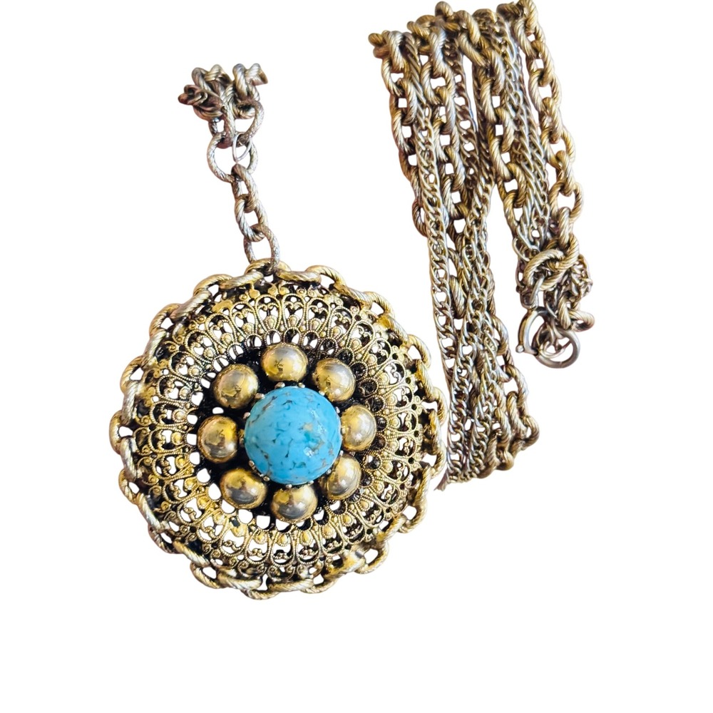VTG Motif Necklace Victorian Style Blue Turquoise Glass Cabochon Statement Gold